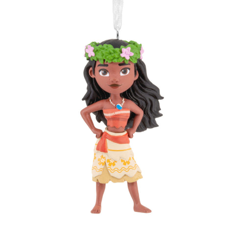 Ornament of a Moana character with a floral headband on a white background