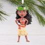 Ornament of Moana character in a traditional outfit with a floral headband, hanging against a white background.