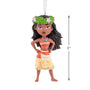 Decorative ornament of Moana with a floral headband and traditional attire, standing on a white background with a measurement label.