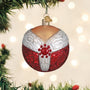 Decorative ornament resembling Mrs. Claus outfit round bulb on a white background
