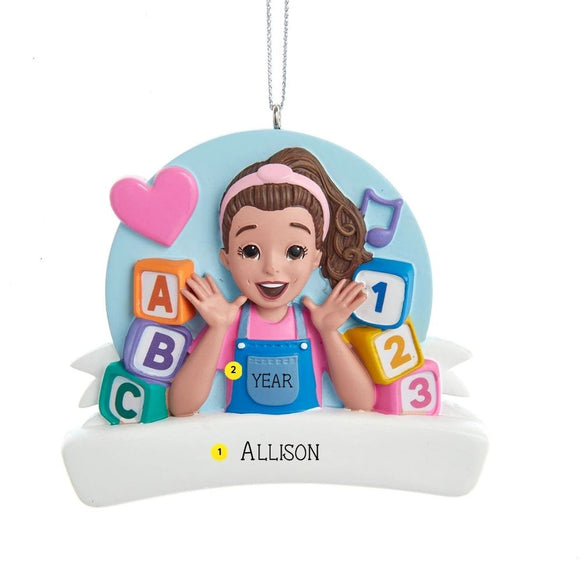 Personalized Ms. Rachel ABC and 123 ornament with a name on the white banner and a year on the blue overalls.