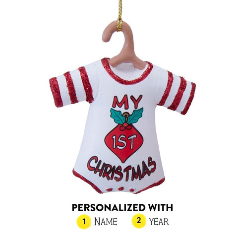 White My First Christmas onesie ornament with red glitter trim, a red ornament graphic, and wording on the front, personalized with a name and year.