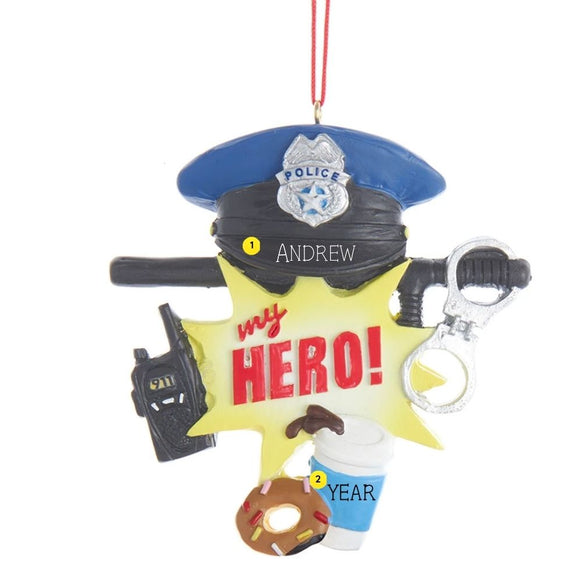 Personalized My Hero Police ornament with a name added to the hat and a year added to the coffee cup.

