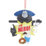 My Hero Police ornament with a police hat, badge, handcuffs, radio, baton, donut, and coffee cup.