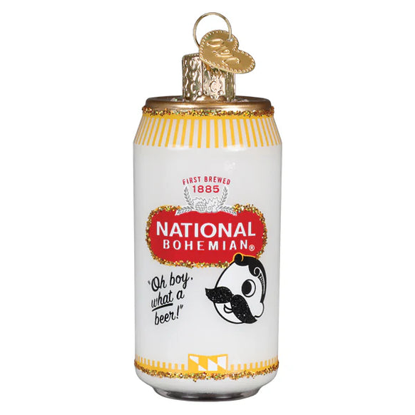 Front view of the Old World Christmas National Bohemian ornament with red label, yellow accents, and “Oh boy, what a beer!” artwork.