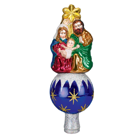Nativity tree topper featuring Mary, Joseph, and Baby Jesus beneath a gold star on a blue ornament-style base with snowy white accents.