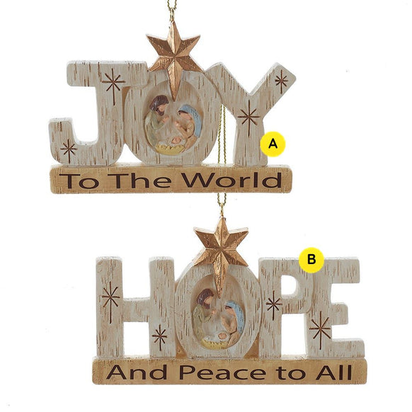 Nativity word ornaments sold separately with rustic wood-look finishes, sculpted Holy Family scenes, star toppers, and the words Joy and Hope with Christmas sentiments.
