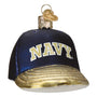 Glass ornament of a navy baseball cap with 'Navy' text on a white background