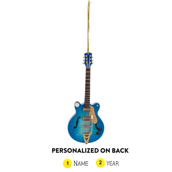 Personalized navy electric guitar ornament with name and year added on the back