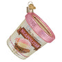Decorative ornament shaped like a Neapolitan ice cream container with pink lid on a white background