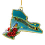 Back of personalized glass New York ornament shaped like the state of New York with Empire State wording, floral detail, and space for a name and year.