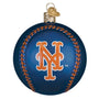 Blue baseball ornament with orange stitching and 'NY' logo on a white background