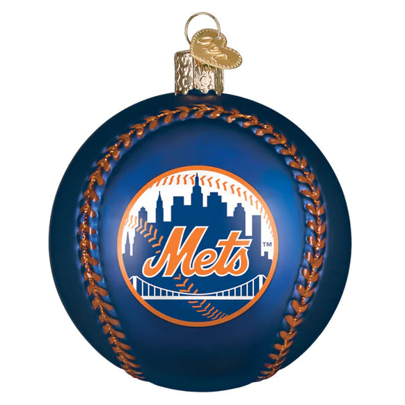 Blue baseball ornament with New York Mets logo on a white background