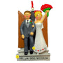 Mr. and Mrs. groom and bride holding red rose bouquet personalized Ornament 