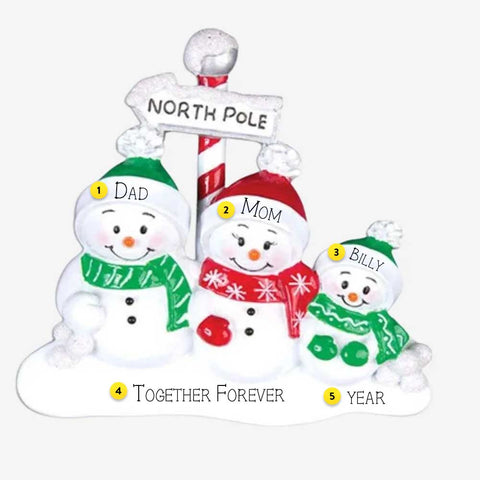 Personalized North Pole Snowman Family of 3 Table Top Decoration