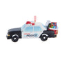 Black and white North Pole Police car ornament with a Santa hat on the roof and Christmas gifts in the back.