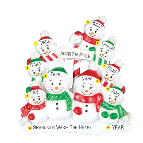 Personalized snowman family tabletop for 9 with sample personalization, showing numbered name and year placement areas on each snowman and the base.