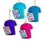 Nurse scrubs ornaments sold separately in blue, turquoise, purple, and pink, each featuring a different humorous nurse or scrub-themed saying on a clipboard.