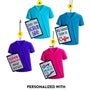 Nurse scrubs ornaments sold separately in blue, turquoise, purple, and pink, each featuring a different humorous nurse or scrub-themed saying on a clipboard.