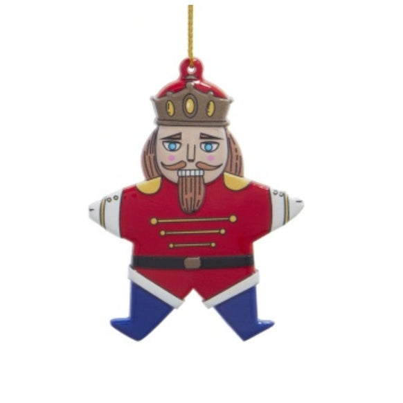 Star-shaped nutcracker ornament wearing a red jacket, blue boots, and a crown with a gold hanging cord.