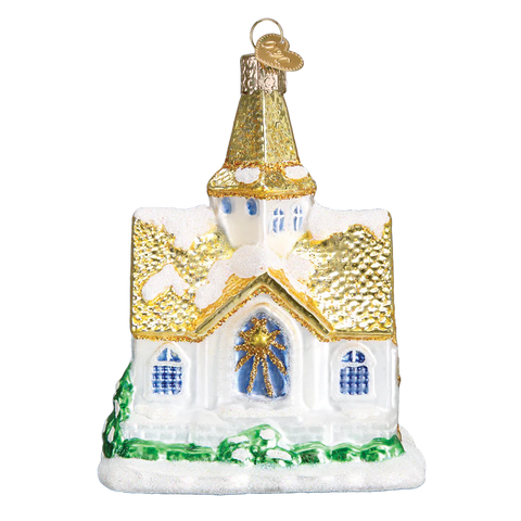 Old World Christmas Golden Cathedral Ornament with white church walls, gold roof, blue windows, and snowy glitter details.