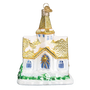 Old World Christmas Golden Cathedral Ornament with white church walls, gold roof, blue windows, and snowy glitter details.