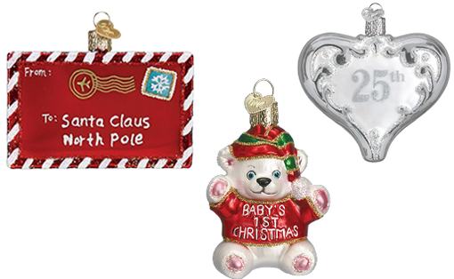 Santa Claus Letter to the north pole ornament, baby's first christmas bear ornament and 25th anniversary silver heart shaped ornament 