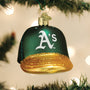 Green and gold baseball cap ornament with 'A's' logo on a Christmas tree.