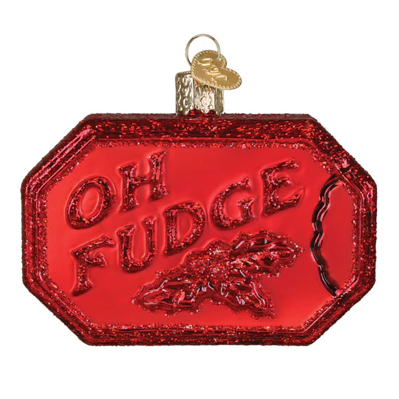 Red 'Oh Fudge' Christmas ornament with a white background