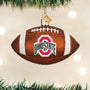 Glass football ornament with Ohio State logo on a tree background