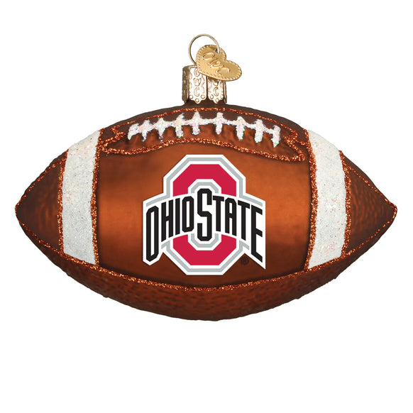 Glass ornament shaped like a football with Ohio State logo on a white background