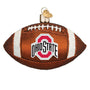 Glass ornament shaped like a football with Ohio State logo on a white background