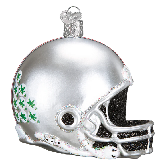 Ohio State Silver football helmet ornament with green designs on a white background