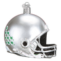 Ohio State Silver football helmet ornament with green designs on a white background