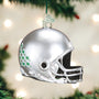 Ohio State Silver football helmet ornament with green details on a Christmas tree.