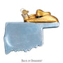Decorative ornament shaped like the back of Oklahoma Ornament' text.