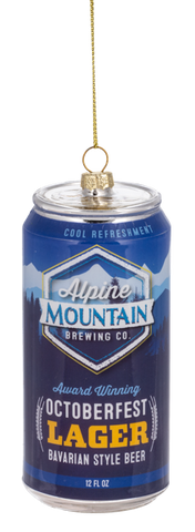 Glass ornament shaped like a blue Oktoberfest lager beer can with mountain graphics and Alpine Mountain Brewing Co. label details.