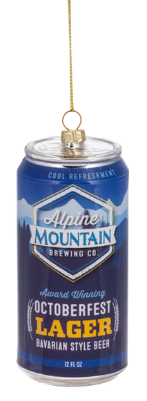 Glass ornament shaped like a blue Oktoberfest lager beer can with mountain graphics and Alpine Mountain Brewing Co. label details.