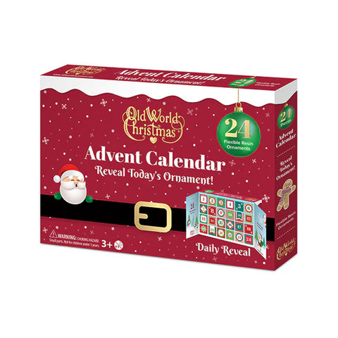 Old World Christmas Ornament Advent Calendar box with red Santa belt design, daily reveal artwork, and 24 flexible resin ornaments noted on the package.