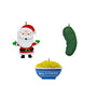 Old World Christmas Ornament Advent Calendar sample ornaments showing Santa, pickle, and mac and cheese flexible resin mini ornaments.