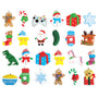 Old World Christmas Ornament Advent Calendar with all 24 included flexible resin ornaments shown, including Santa, gingerbread, candy cane, gifts, snowflakes, stockings, and whimsical designs.