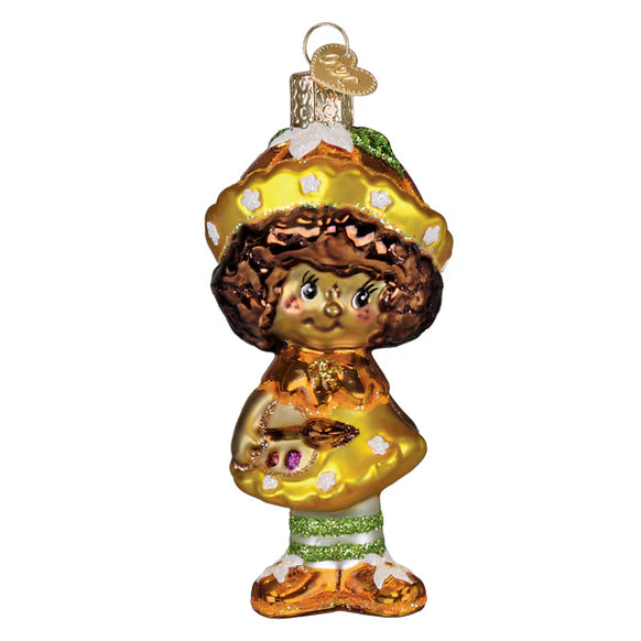 Glass ornament of Orange Blossom with a yellow dress and brown hair on a white background