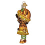 Glass ornament of Orange Blossom with a yellow dress and brown hair on a white background side view