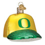 Glass ornament shaped like a yellow and green Oregon Ducks cap with a large 'O'.