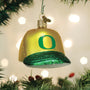 Christmas ornament shaped like a baseball Cap with a green 'O' Oregon Ducks logo on a decorated tree.