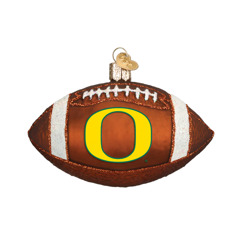 Glass football ornament with 'O' Oregon Ducks logo on a white background