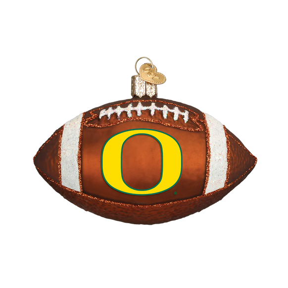 Glass football ornament with 'O' Oregon Ducks logo on a white background