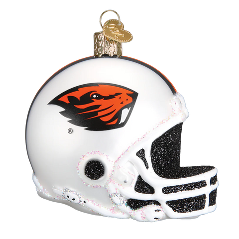 Decorative Oregon State football helmet ornament with a logo on a white background