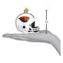 Decorative Oregon football helmet ornament with a logo, held in a hand to show size, on a white background.