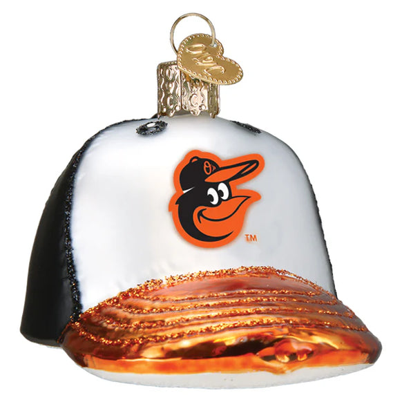 Glass ornament shaped like a baseball cap with a Orioles logo on a white background